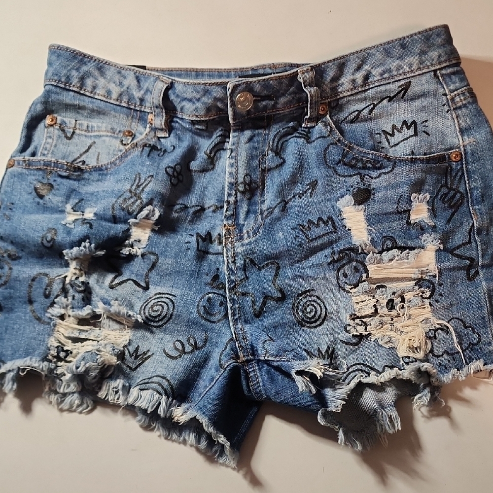 Almost Famous Blue Jean Shorts with Artistic Patterns